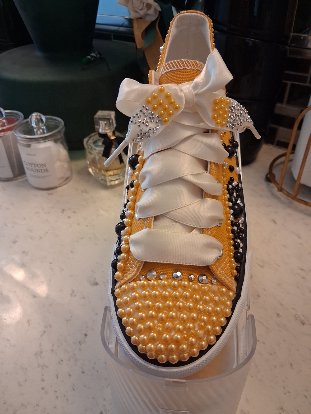 Amazon Yellow Pearl-Embellished Women’s Sneaker with Satin Ribbon